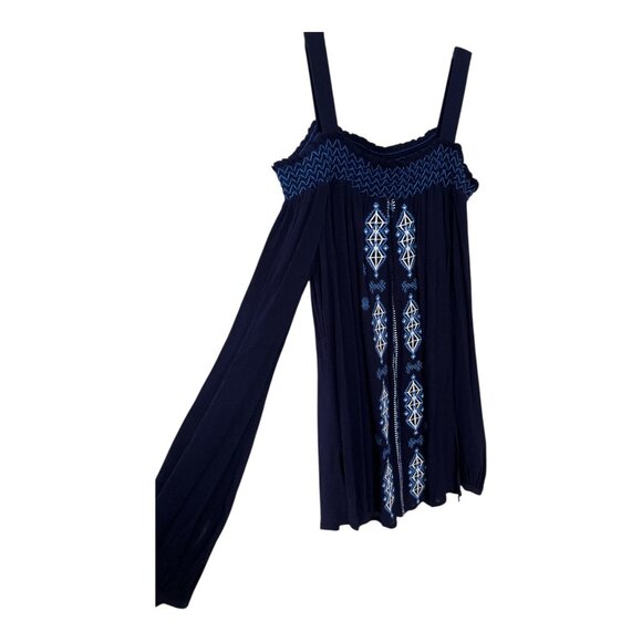 Cupio Women’s Size S Navy Blue Embroidered Long Sleeve Boho Peasant Top - Picture 2 of 7